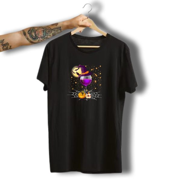 Happy Halloween Hallo Wine Funny Glass Witch Hat Moon Pumpkin Skull Spider Web T Shirt t shirt 1 1
