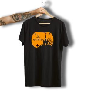 Happy Halloween Haunted House Silhouette With Witch And Bats T-Shirt
