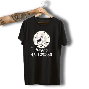 Happy Halloween Husky Riding Broomstick In Full Moon With Bats And Stars T-Shirt