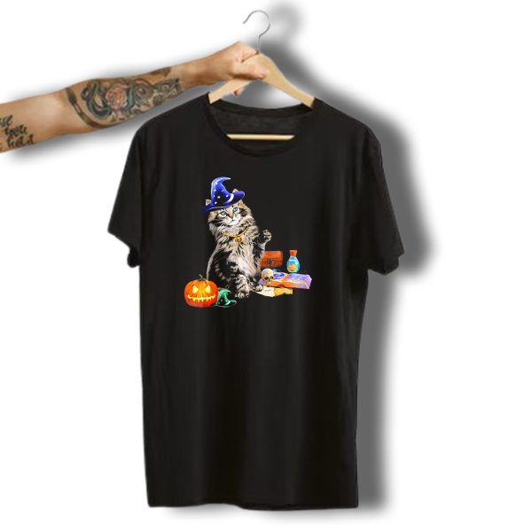 Happy Halloween Maine Coon Cat Wizard With Pumpkin And Potion T Shirt t shirt 1