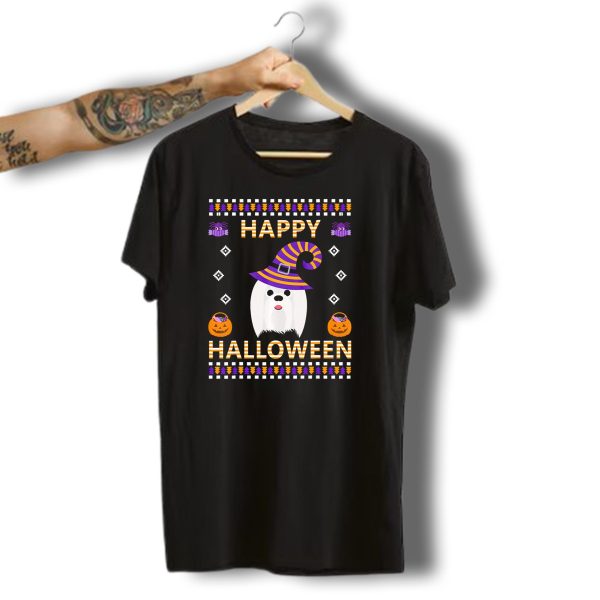Happy Halloween Maltese Dog With Witch Hat And Pumpkins T Shirt t shirt 1
