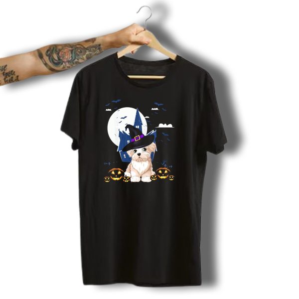 Happy Halloween Maltese Witch With Pumpkins And Haunted House T Shirt t shirt 1
