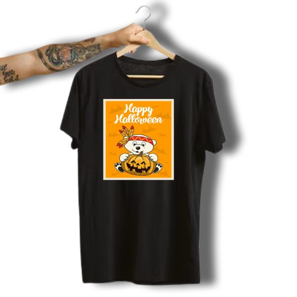 Happy Halloween Polar Bear Holding Pumpkin With Headdress T Shirt t shirt 1