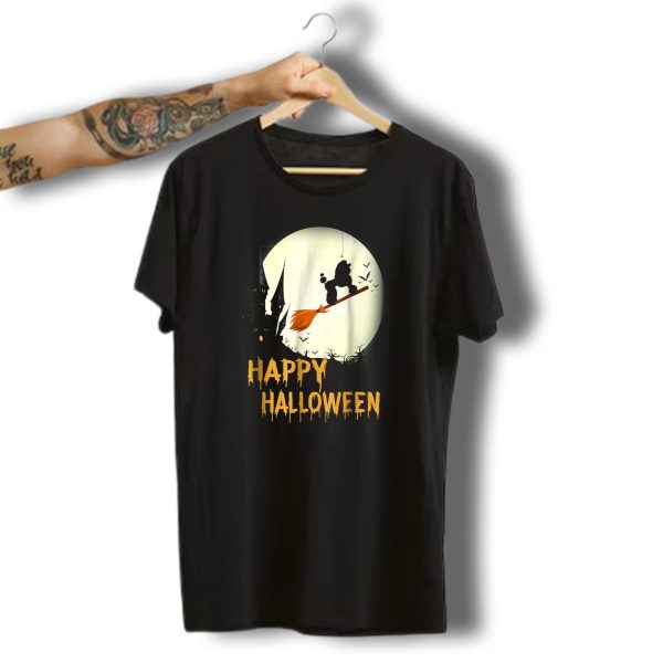 Happy Halloween Poodle Flying On Broomstick With Haunted Castle And Full Moon T Shirt 1 t shirt 1