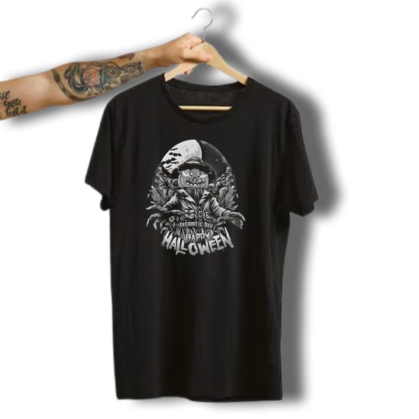 Happy Halloween Pumpkin Scarecrow Full Moon Ravens Cornfield T Shirt t shirt 1