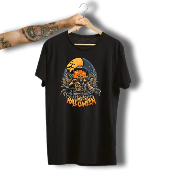 Happy Halloween Pumpkin Scarecrow Under Full Moon With Bats And Corn Stalks T Shirt t shirt 1