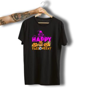 Happy Halloween Purple Witch With Pumpkins Eyeball Spiderwebs And Broomstick T-Shirt