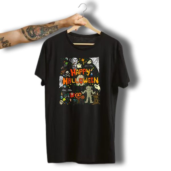 Happy Halloween Scary Ghosts Zombies Skulls Mummy Witch Bats Spider Webs T Shirt t shirt 1