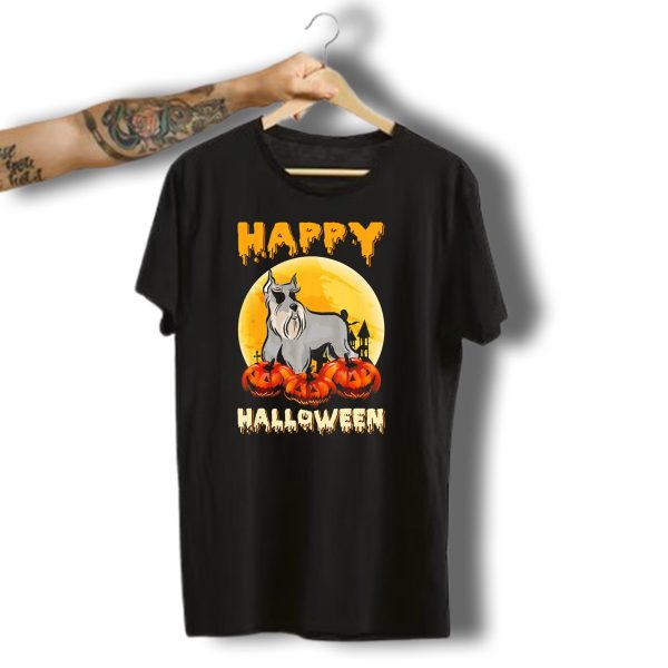 Happy Halloween Schnauzer Dog Scary Pumpkins Moon Scene T Shirt t shirt 1