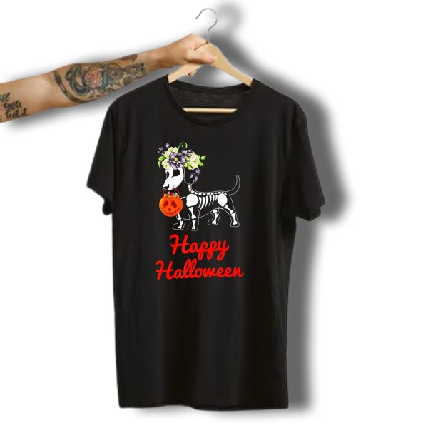 Happy Halloween Skeleton Dachshund With Pumpkin And Floral Crown T Shirt t shirt 1