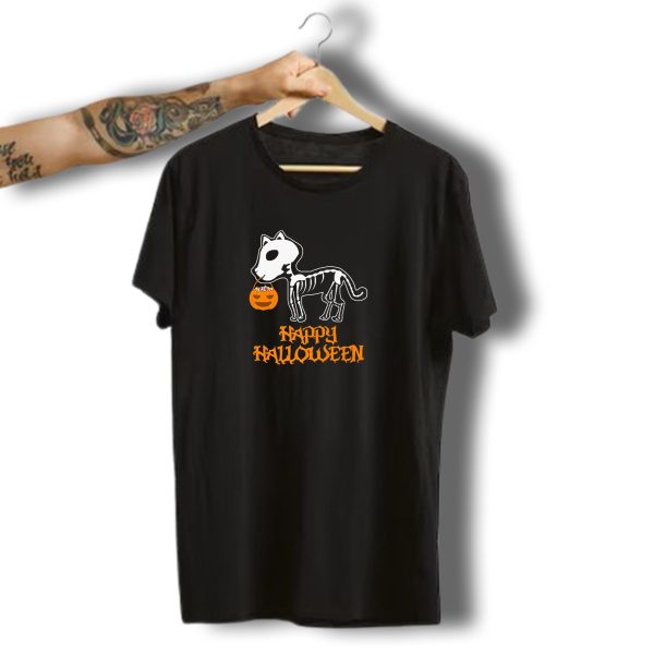 Happy Halloween Skeleton Dog Carrying Pumpkin Basket T Shirt t shirt 1