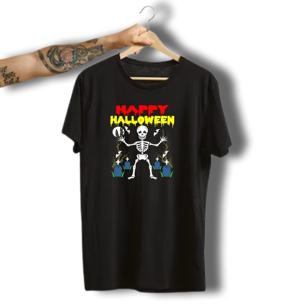 Happy Halloween Skeleton With Bats And Gravestones T Shirt 1 t shirt 1