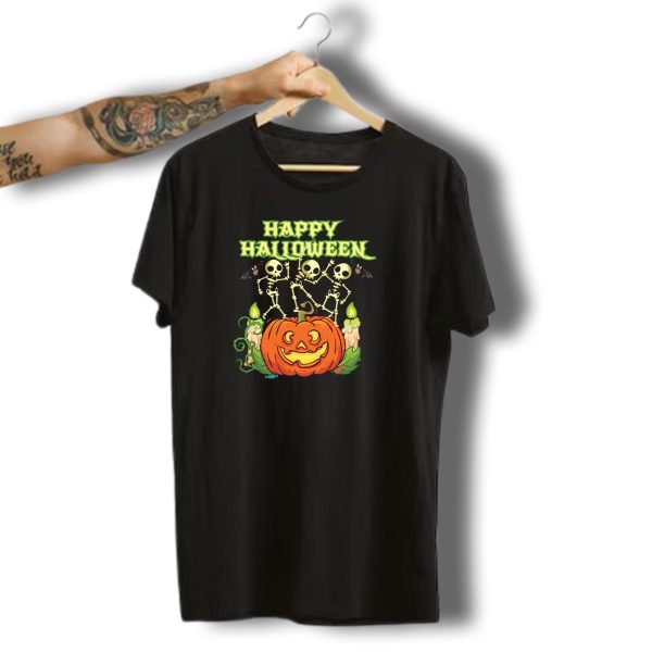 Happy Halloween Skeletons Dancing With Pumpkins And Candles T Shirt t shirt 1