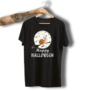 Happy Halloween Snail Riding Broomstick With Full Moon And Bats T-Shirt
