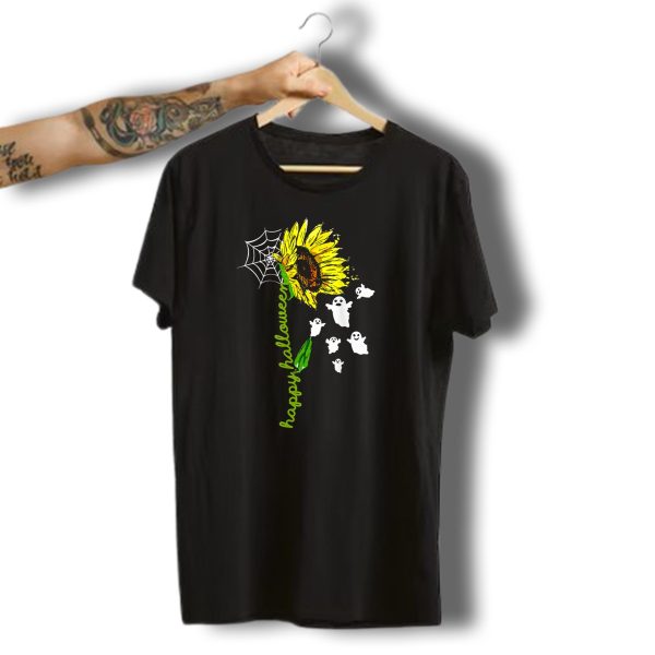 Happy Halloween Sunflower With Spider Web And Ghosts T Shirt t shirt 1