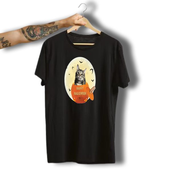 Happy Halloween Tabby Cat In Pumpkin With Candy Corn And Bats T Shirt t shirt 1 1
