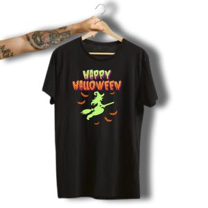 Happy Halloween Witch Flying On Broom With Bats T-Shirt