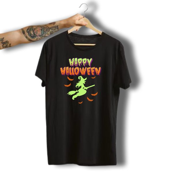 Happy Halloween Witch Flying On Broom With Bats T Shirt 1 t shirt 1