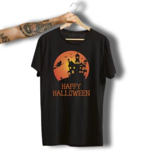 Happy Halloween Witch Haunted House Silhouette Moon Bats T-Shirt
