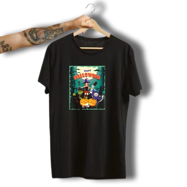 Happy Halloween Witch Reaper Skeleton Pumpkins Forest Scene T Shirt t shirt 1