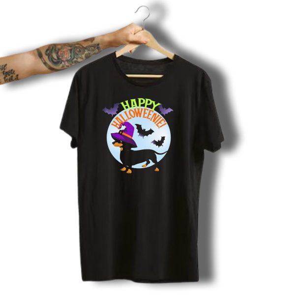 Happy Halloweenie Dachshund Wiener Dog Witch Hat Bats T Shirt 1 t shirt 1