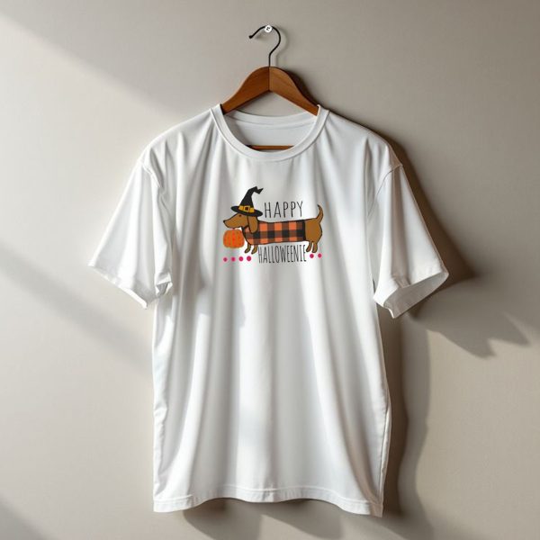 Happy Halloweenie Dog Witch Pumpkin Plaid t shirt 1