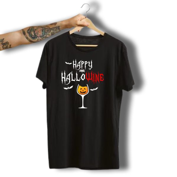 Happy Hallowine Funny Halloween For Wine Lover With Jack O Lantern And Bats T Shirt t shirt 1