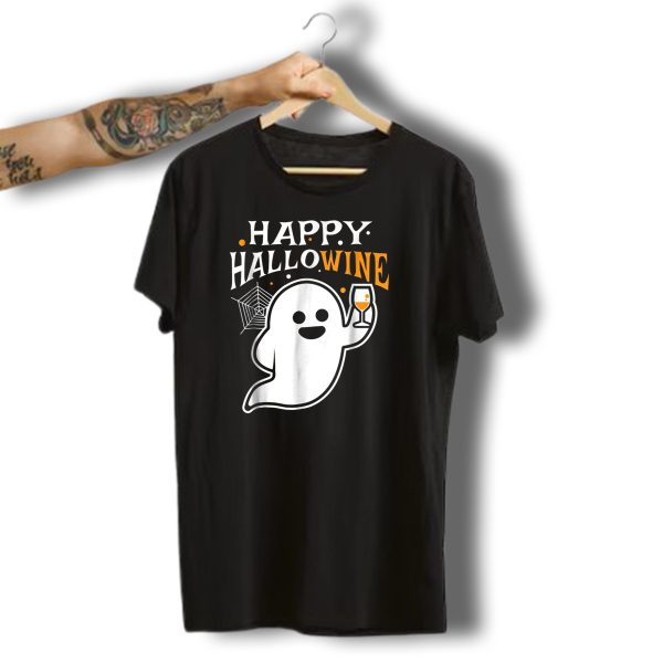 Happy Hallowine Halloween Drinking Wine Ghost With Wine Glass And Spider Web T Shirt t shirt 1