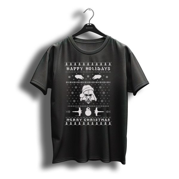 Happy Holidays Merry Christmas Star Wars Themed Darth Vader With Santa Hat T Shirt t shirt 1