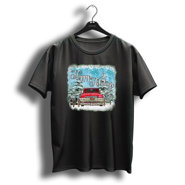 Happy Holidays Vintage Christmas Pickup Truck In Snowy Winter Forest T Shirt 1 t shirt 1