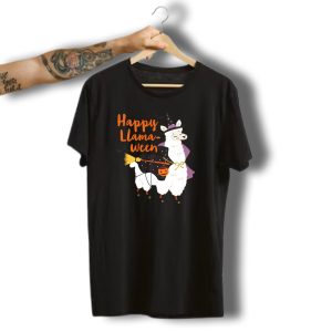 Happy Llamaween Witchy Halloween Llama With Hat And Broom T-Shirt