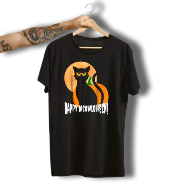 Happy Meowloween Hipster Halloween Cat With Glasses And Moon T Shirt t shirt 1