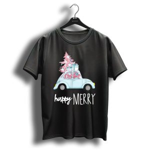Happy Merry Pink Christmas Vintage Car Holiday T-Shirt