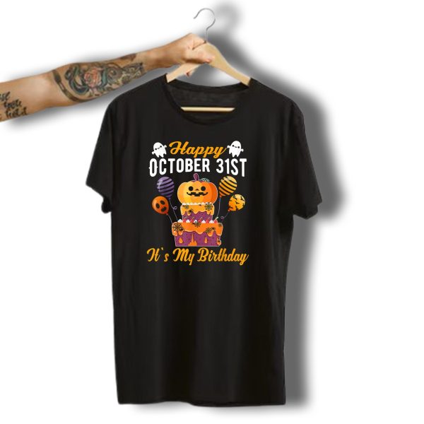 Happy October 31St Its My Birthday Halloween Cake With Ghosts And Pumpkin Balloons T Shirt t shirt 1
