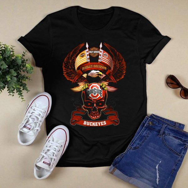 Harley Davidson Motorcycles Ohio State Buckeyes Eagle Skulls T Shirt Black 1
