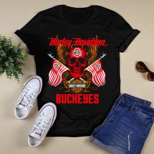 HD Ohio State Buckeyes Motor Cycles Flags Skull T Shirt