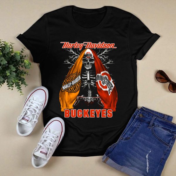Harley Davidson Ohio State Buckeyes Skeleton Motocycles T Shirt Black 1