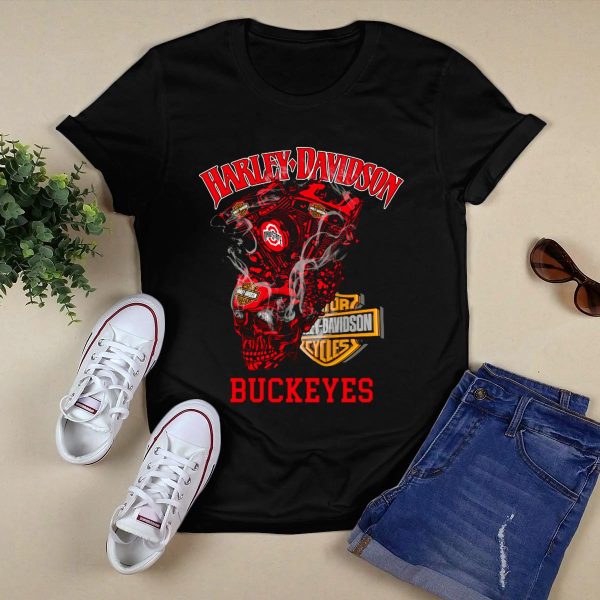 Harley Davidson Ohio State Buckeyes Skull Engine T Shirt Black 1