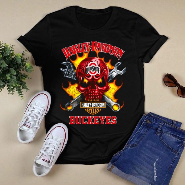 Harley Davidson Ohio State Buckeyes Skull Flames And Tools T Shirt Black 1