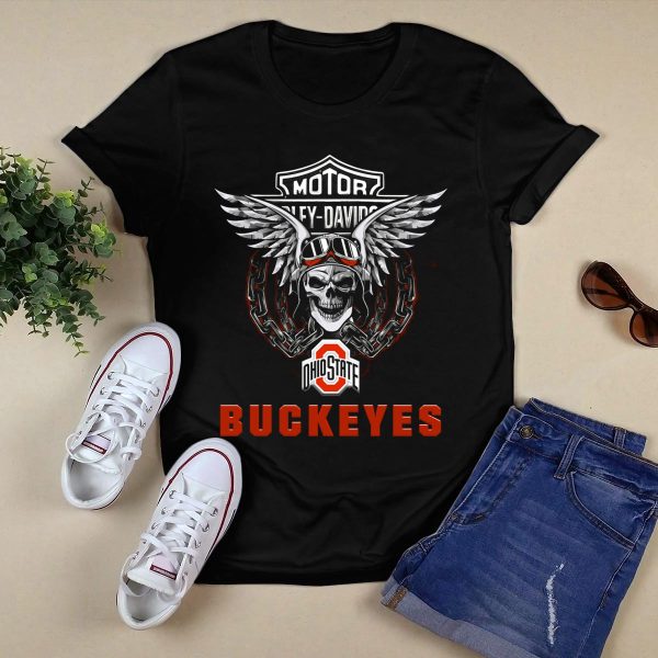 Harley Davidson Ohio State Buckeyes Winged Skull And Chains T Shirt Black 1