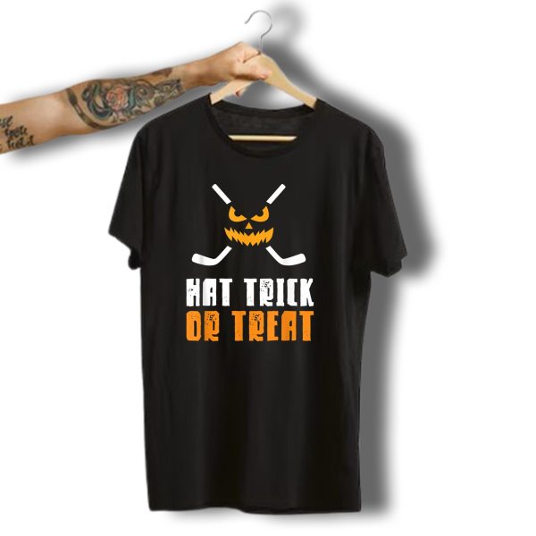 Hat Trick Or Treat Halloween Hockey Pumpkin Face T Shirt t shirt 1