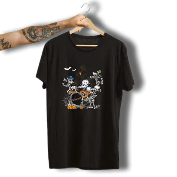 Haunted House Skeleton Dance With Ghost Webs Pumpkins And Bats Halloween T Shirt t shirt 1