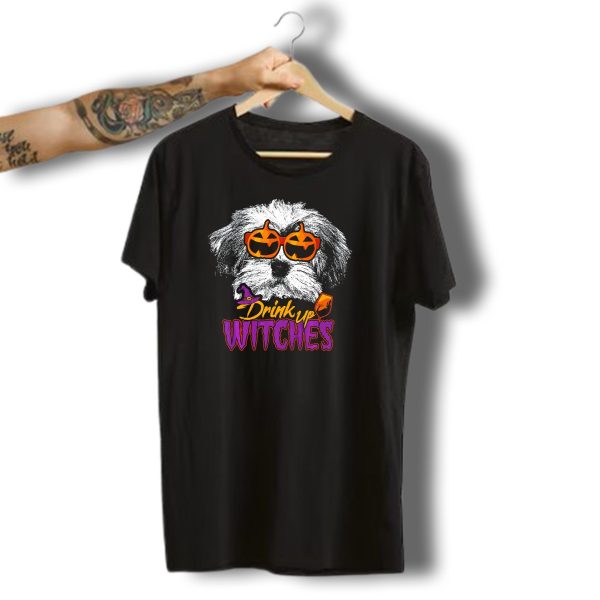 Havanese Drink Up Witches Halloween Dog With Pumpkin Glasses T Shirt t shirt 1