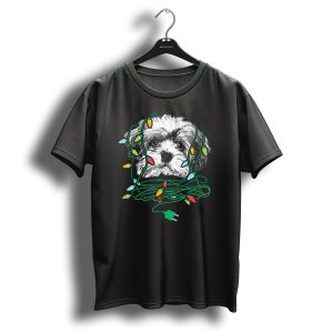 Havanese Puppy Tangled In Colorful Christmas Lights T Shirt