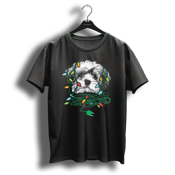 Havanese Puppy Tangled In Colorful Christmas Lights T Shirt 1 t shirt 1