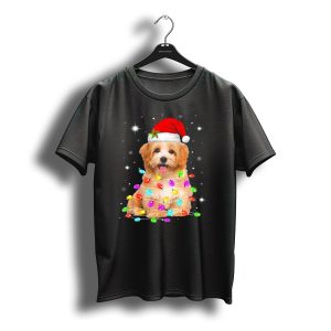 Havanese Puppy Wrapped In Christmas Lights With Santa Hat And Snowflakes T-Shirt