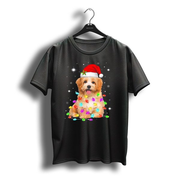Havanese Puppy Wrapped In Christmas Lights With Santa Hat And Snowflakes T Shirt t shirt 1