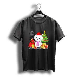 Havanese With Merry Christmas Boxes And Santa Hat By Christmas Tree T-Shirt