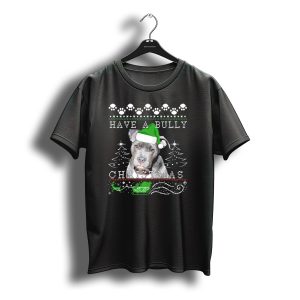 Have A Bully Christmas Pit Bull Santa Hat Paws Trees Sled T-Shirt