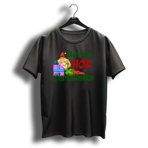 Have A Hot Christmas Elf Girl With Gift Box And Striped Hat T Shirt 1 t shirt 1